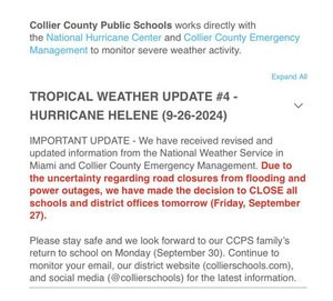   Important Update: School will be closed tomorrow Friday 09/27